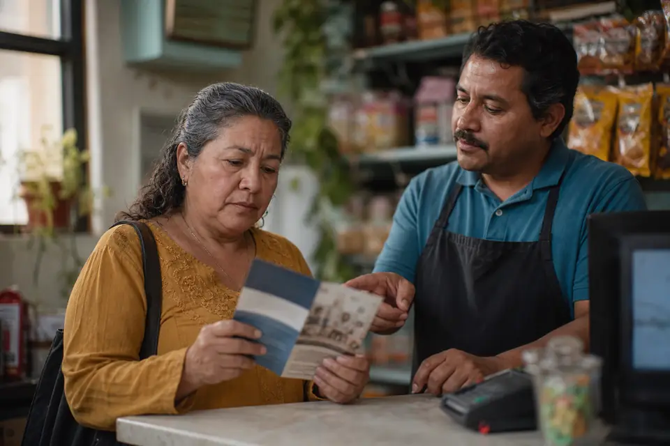 Mujer en tienda vecinal lee folleto sobre seguridad de depósitos y CDs.