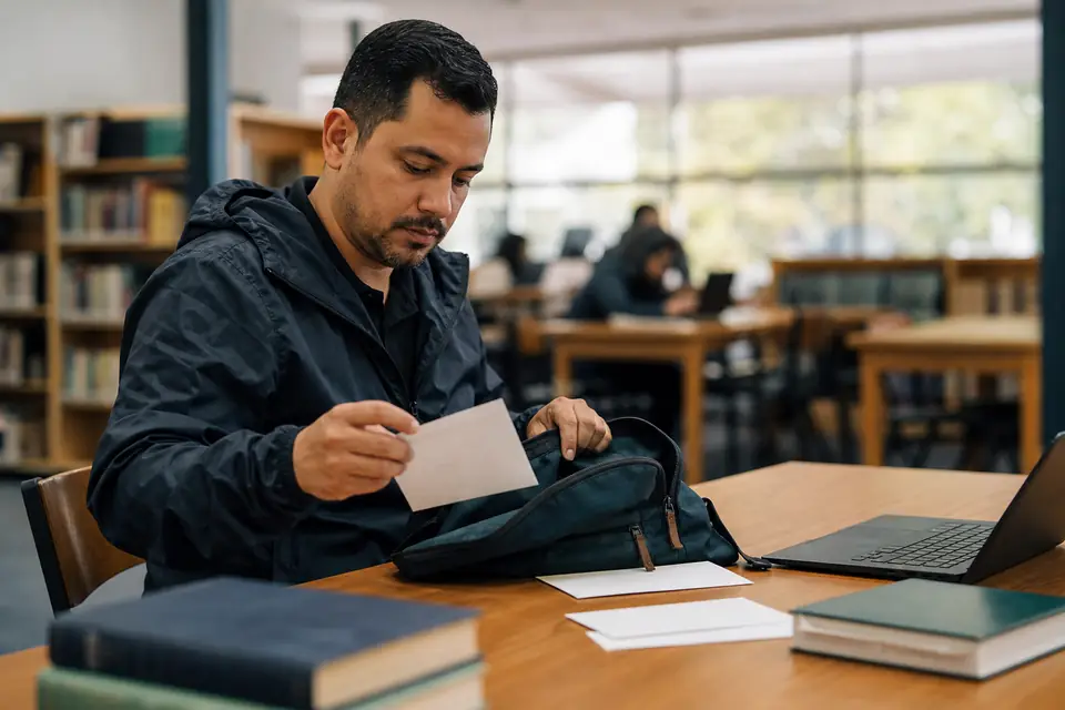 Persona en biblioteca guarda un sobre simple en su mochila