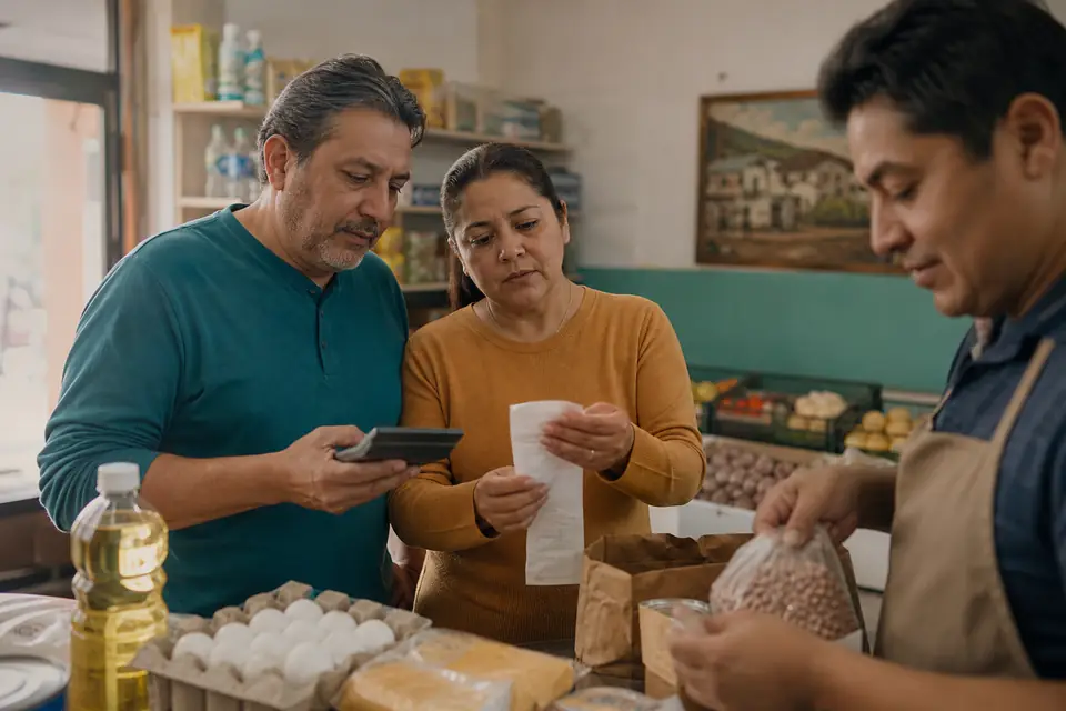Pareja revisa recibo y calculadora en una tienda de barrio