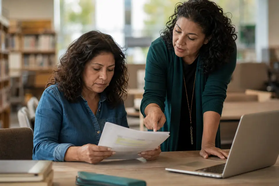 Mujer en biblioteca revisa folletos sobre cargos bancarios con bibliotecaria.