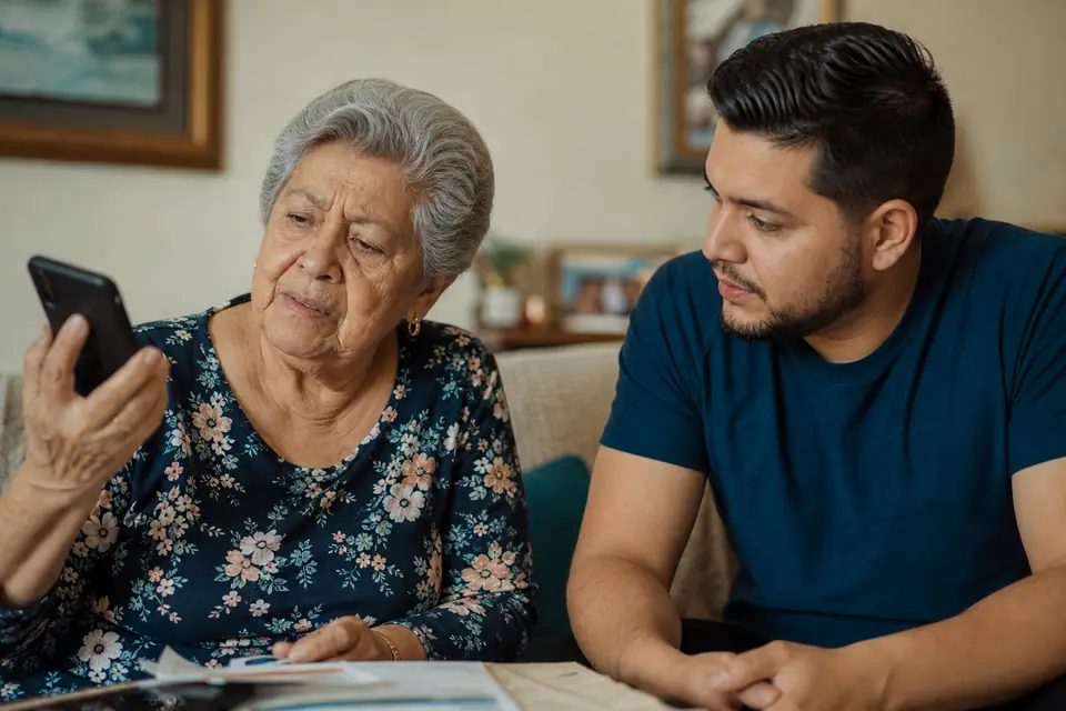 Abuela desconfía de una llamada telefónica mientras su nieto la acompaña en la sala