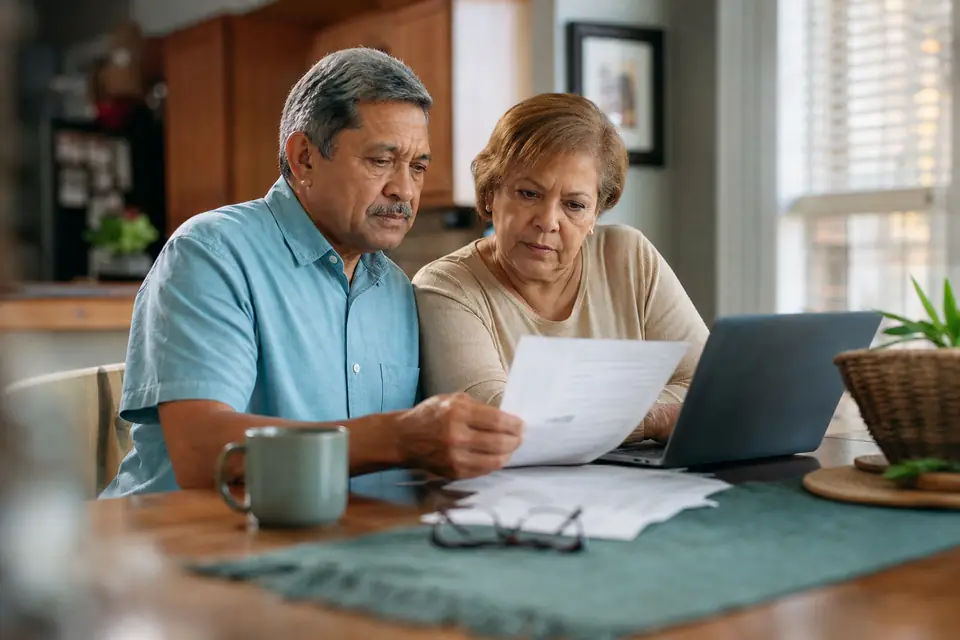 Pareja de adultos mayores revisa sus estados de cuenta bancarios en la cocina