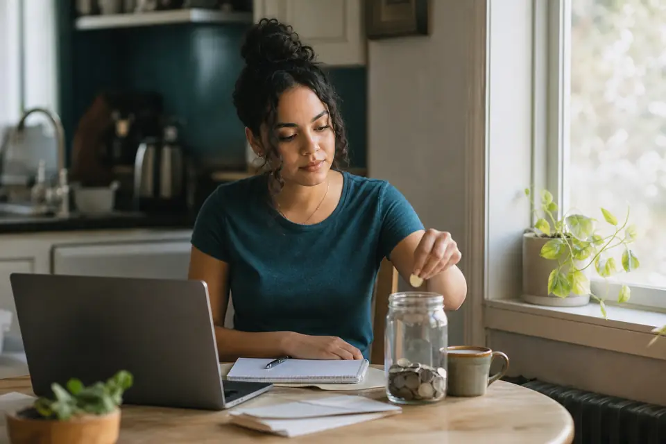 Mujer joven latina ahorra monedas en un frasco junto a su computadora en la cocina.