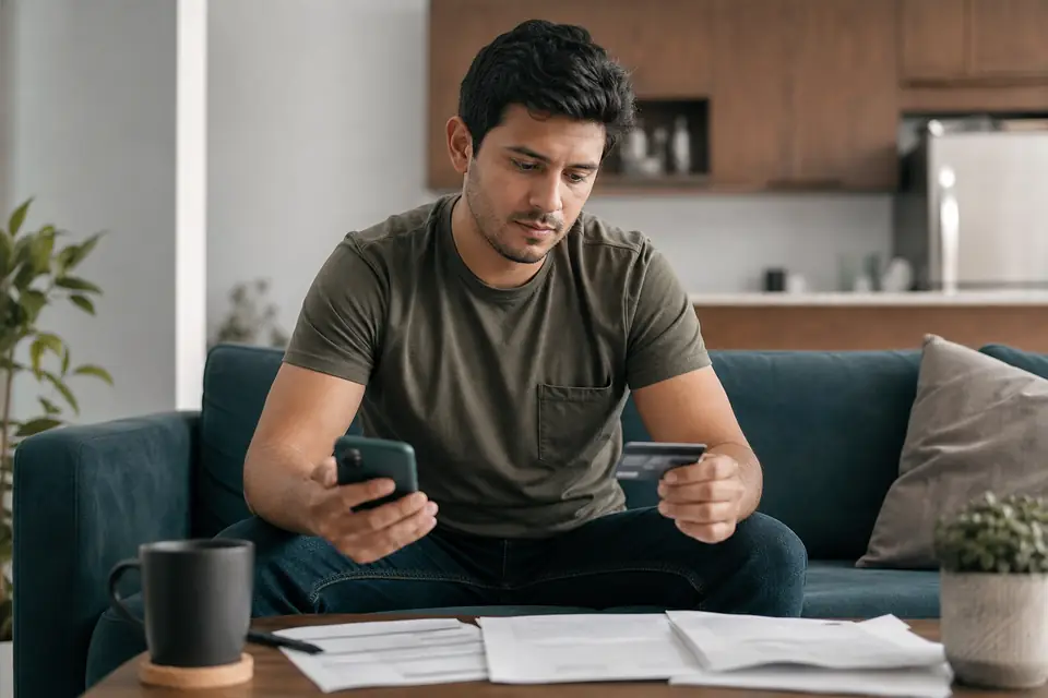 Joven en el sofá con una tarjeta de crédito y su teléfono, revisando cuánto debe
