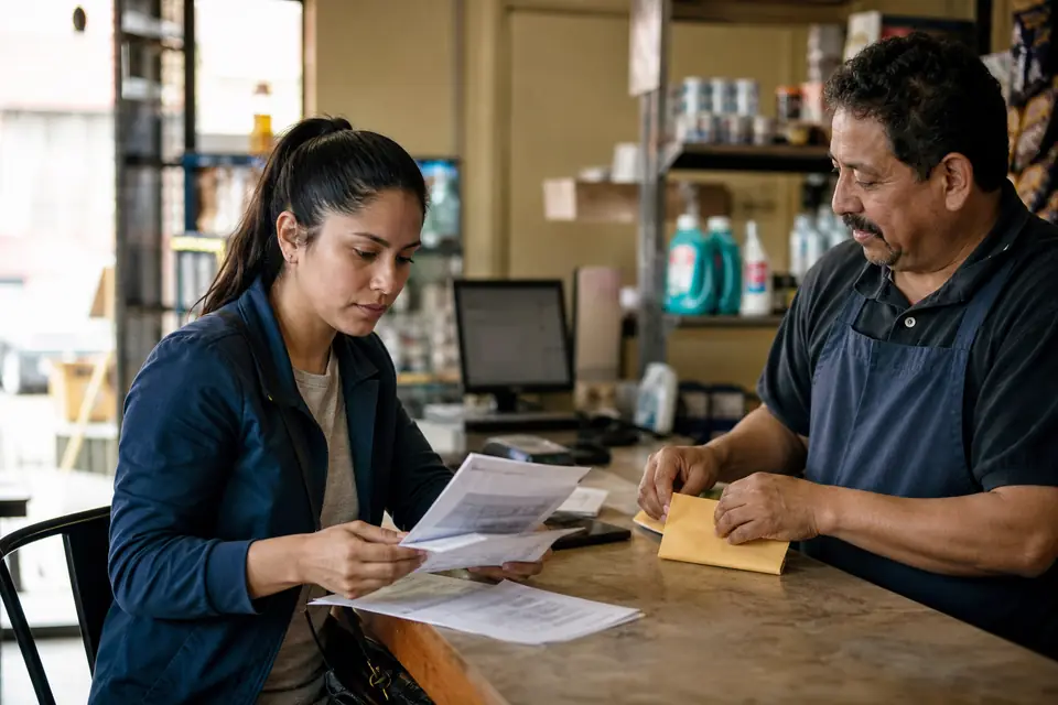 Mujer en tienda organiza copias de identificación y carta de disputa.