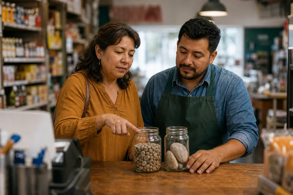 Mujer en tienda señala dos frascos con piedras grandes y pequeñas.