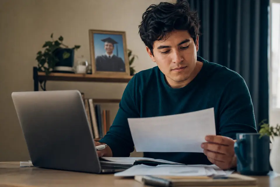 Recién graduado planea los pagos de sus préstamos estudiantiles en su apartamento