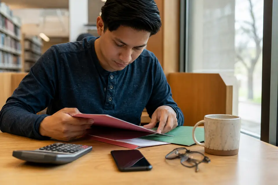 Manos ordenando carpetas junto a calculadora, celular, gafas y taza.