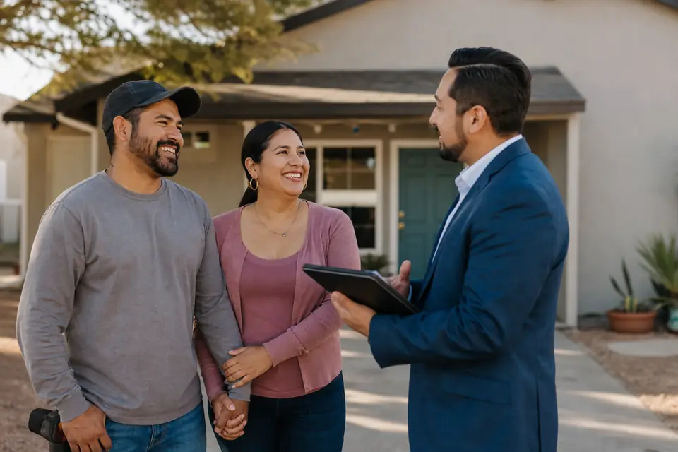 Trabajador de construcción y su esposa frente a la casa que quieren comprar