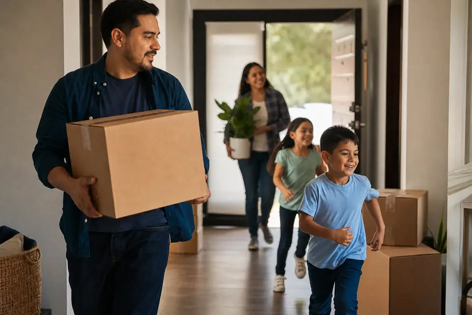 Familia se muda a su nueva casa cargando cajas