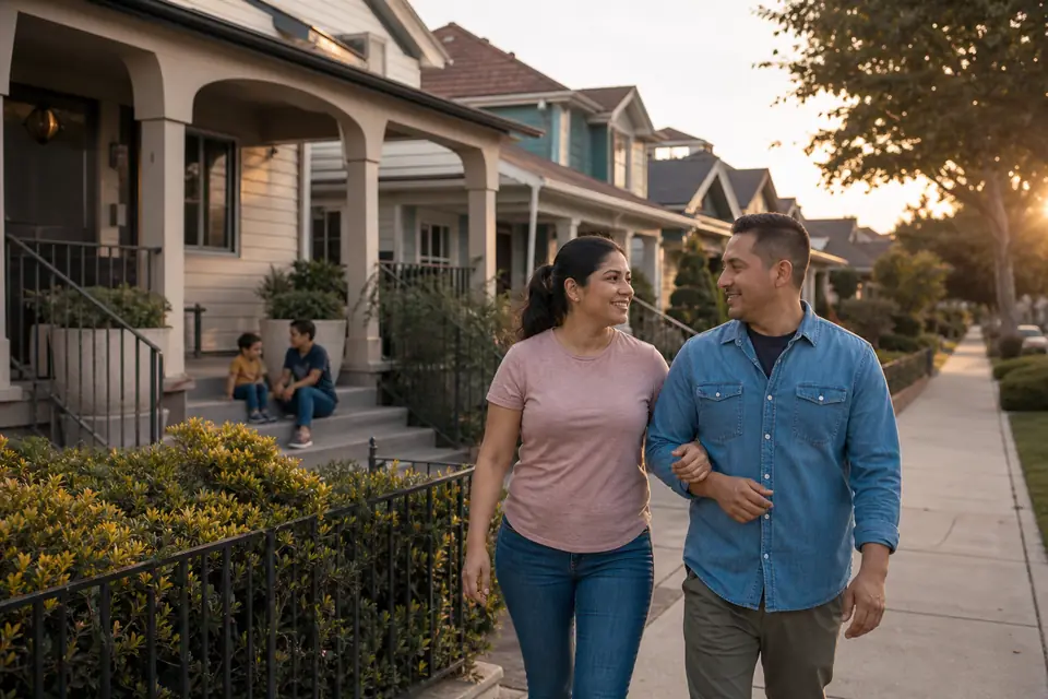 Hilera de casas distintas en una calle residencial al atardecer