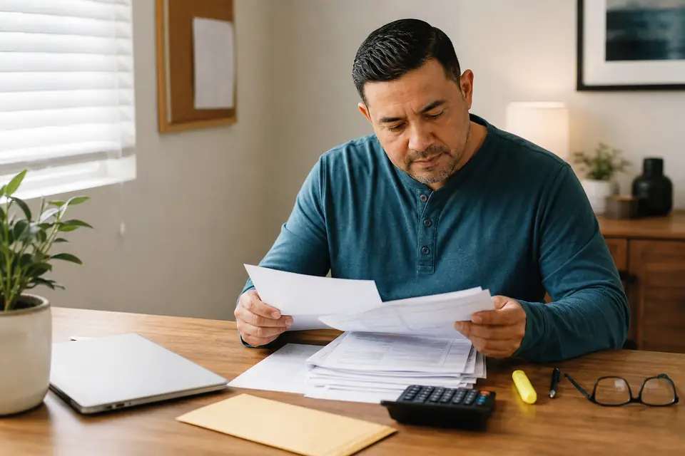 Escritorio con formularios de impuestos, calculadora y gafas.