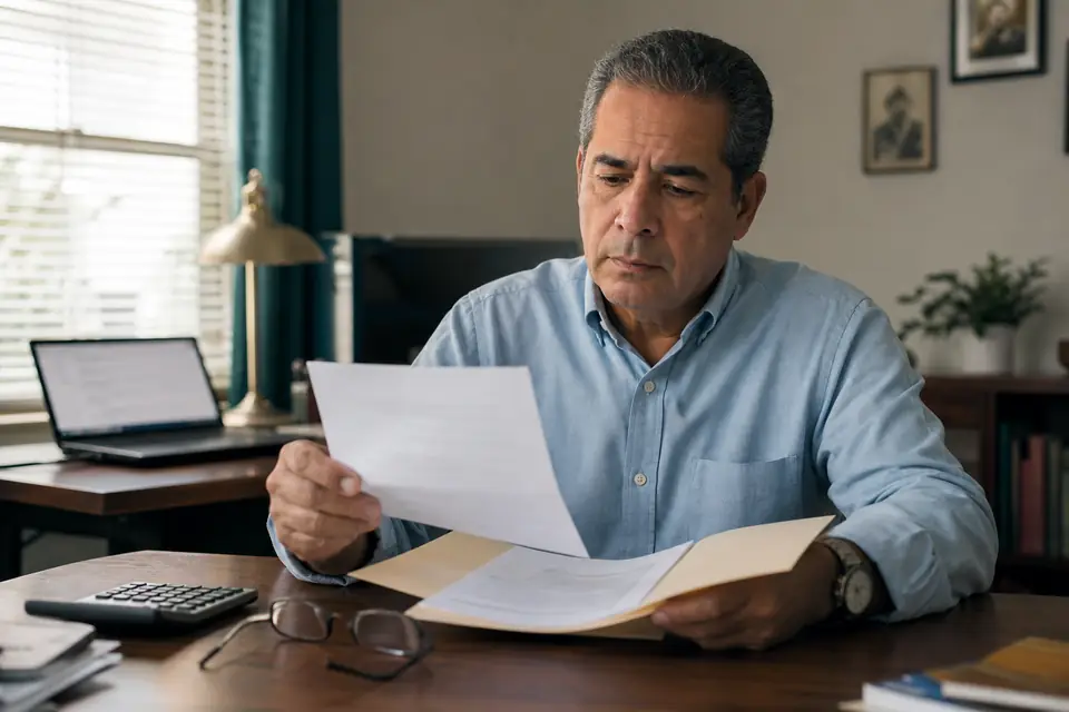 Hombre de mediana edad lee una carta en su escritorio junto a una calculadora.