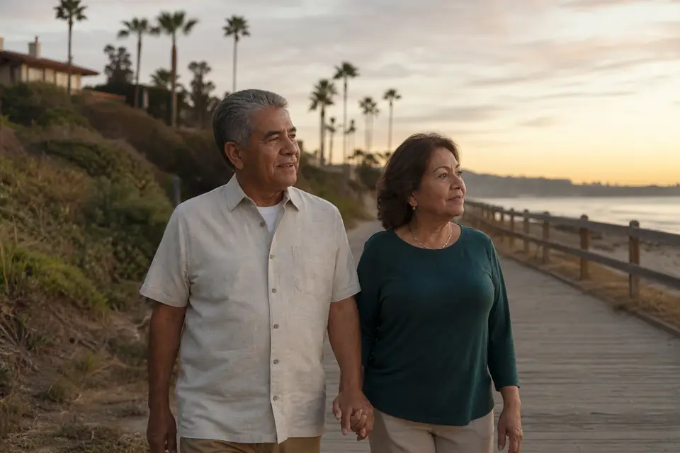 Pareja jubilada camina de la mano por un malecón al atardecer