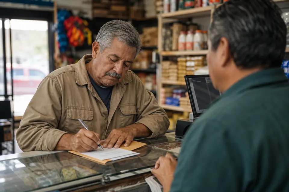 Hombre mayor en tienda vecinal llenando formulario de retiro en mostrador.