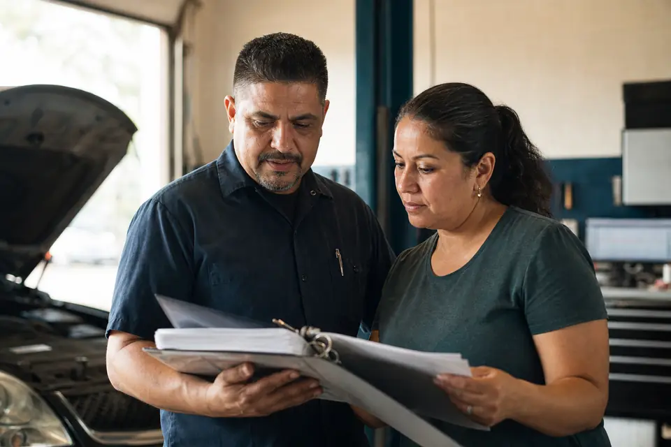 Pareja dueña de un taller mecánico revisa su plan de negocio