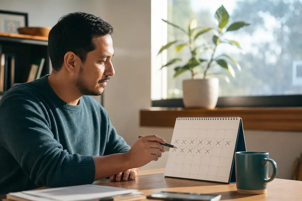 Calendario de escritorio con meses marcados junto a un bolígrafo