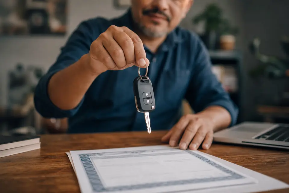 Mano con las llaves de un carro sobre el título del vehículo