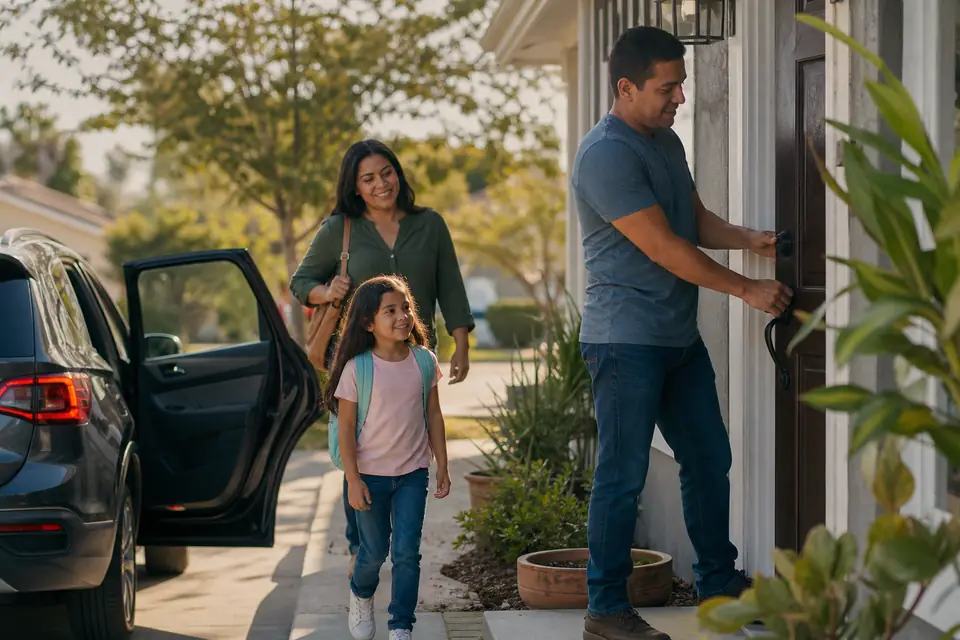 Familia sale de su casa hacia el carro en una mañana soleada