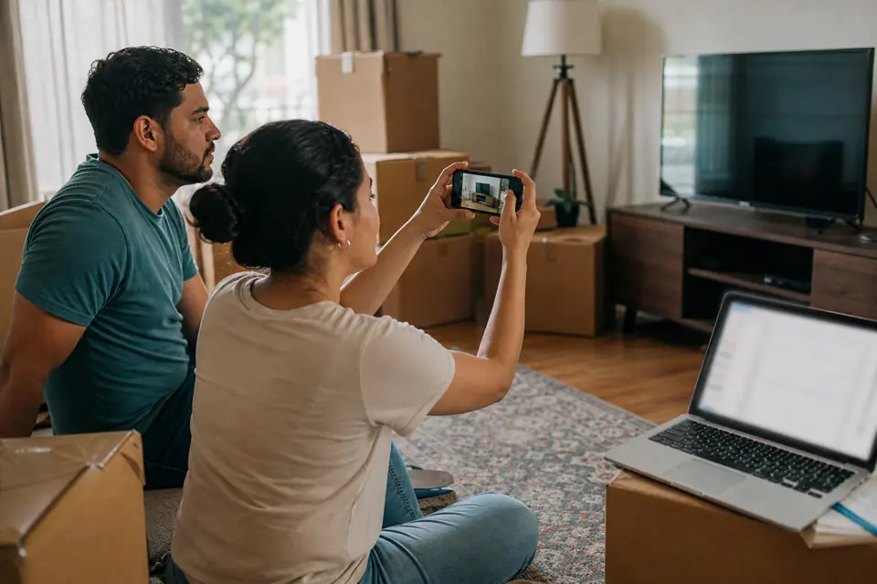 Pareja joven fotografía sus pertenencias en su apartamento para hacer un inventario.