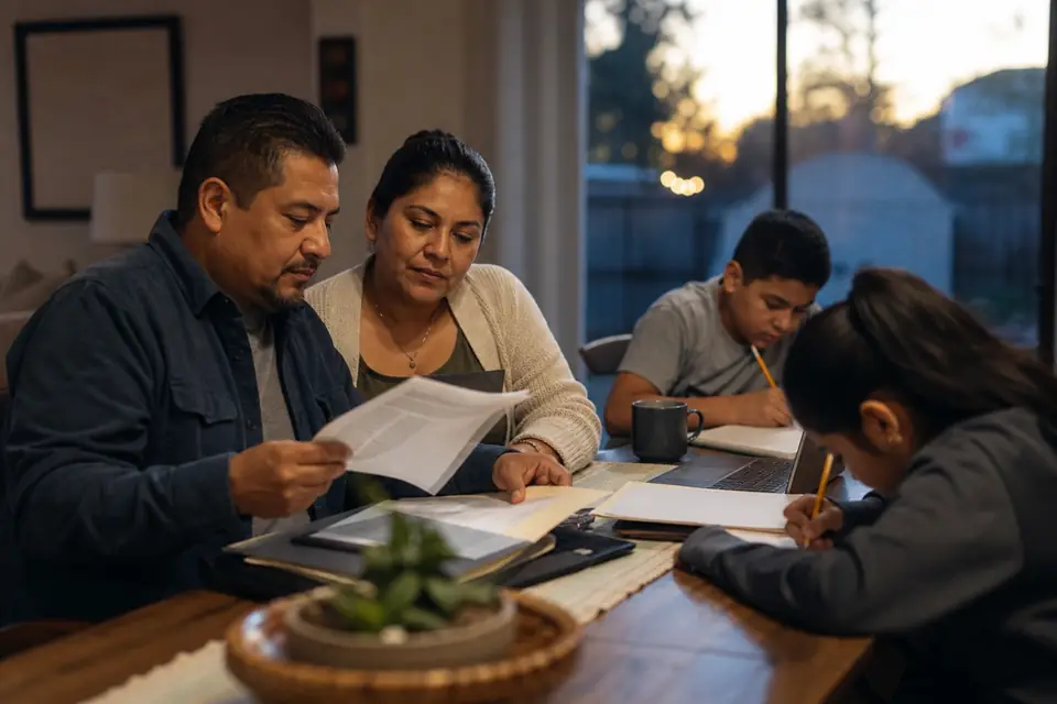 Padre y madre latinos revisan documentos familiares en la mesa mientras sus hijos estudian.