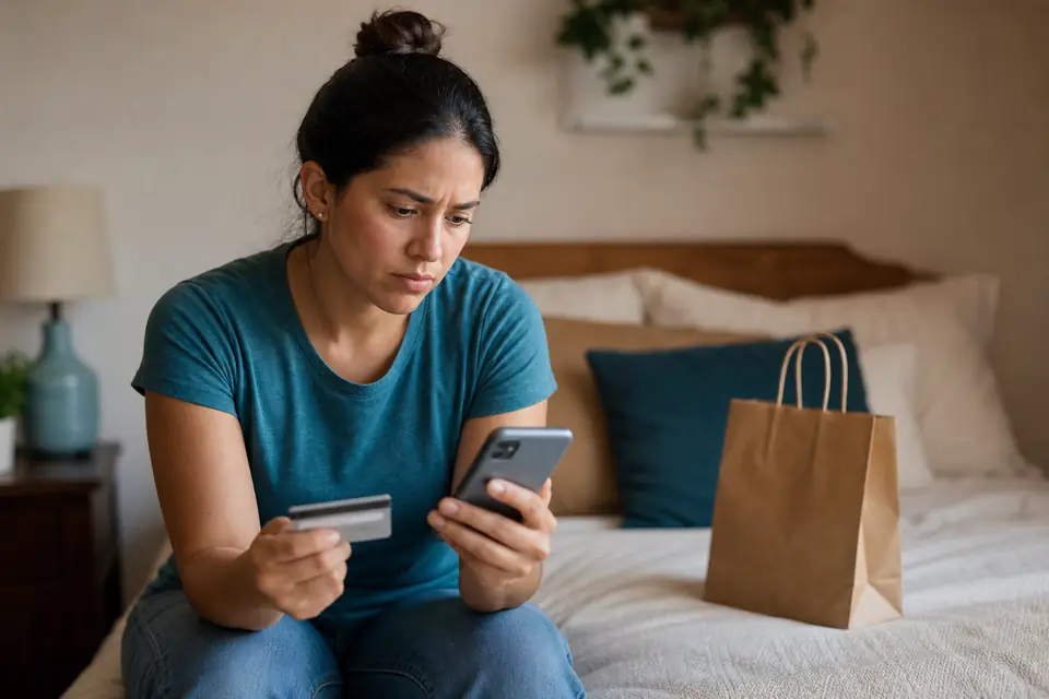 Mujer preocupada mira el pago mínimo de su tarjeta en el teléfono