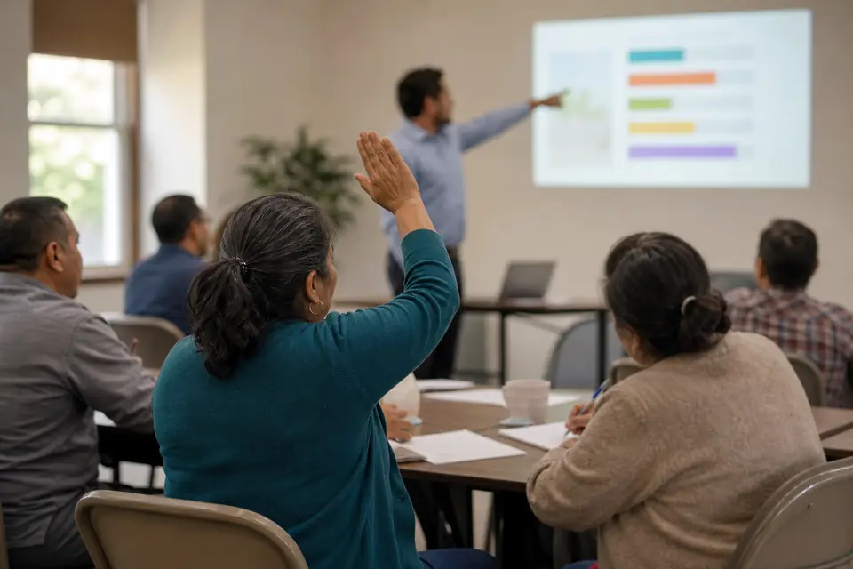 Mujer en taller comunitario señala proyector mientras la clase toma notas