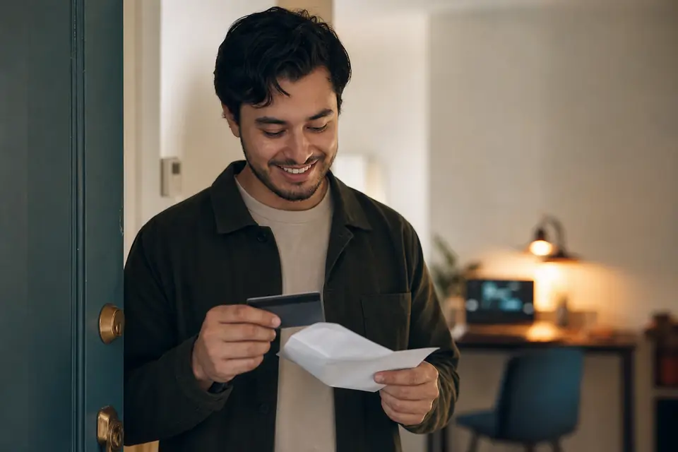 Joven abre el sobre de su nueva tarjeta de crédito asegurada