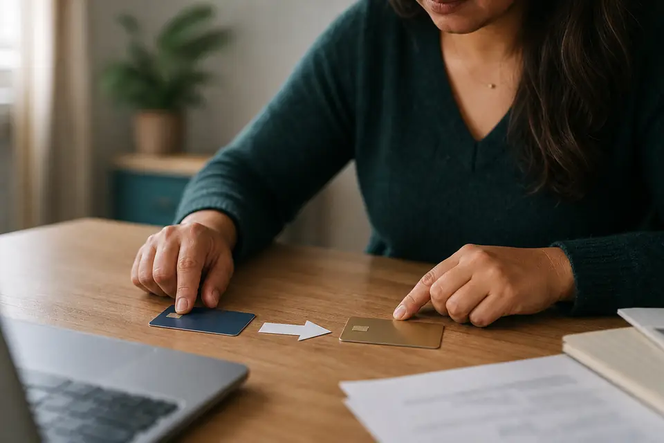 Dos tarjetas de crédito con una flecha de papel que va de una a la otra